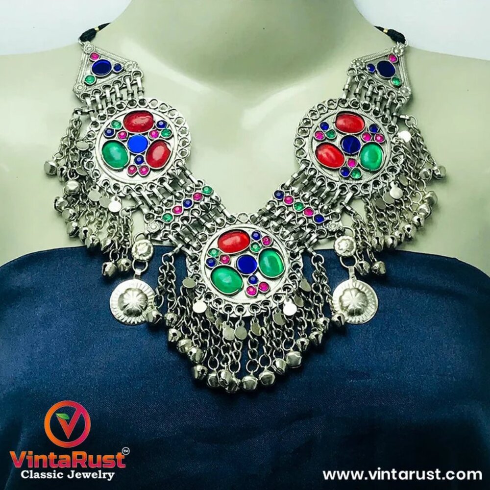 Kuchi Tribal Bib Necklace: Afghan Glass Stone & Silver Bell Jewelry